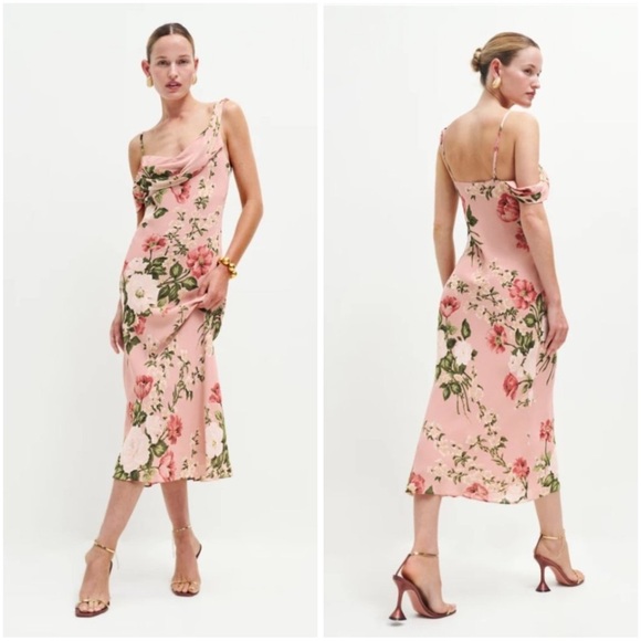 Reformation Raya OTS Midi Dress in Rose Garden 0 NWT - Picture 3 of 14